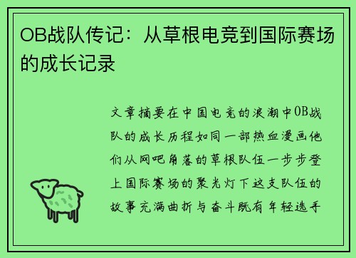 OB战队传记：从草根电竞到国际赛场的成长记录